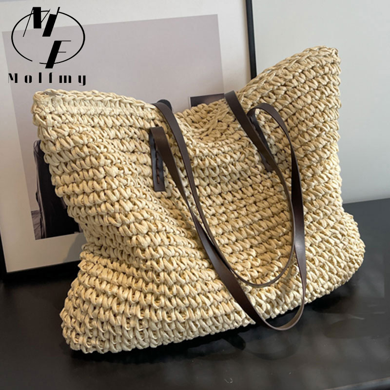 Luxury Tote Bags With Zipper - 밀짚 짠 토트 백 캐주얼 대형