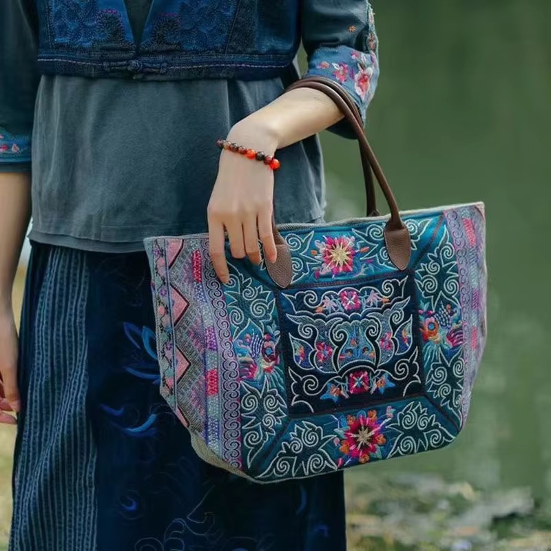 원래 수 놓은 토트 백 양면 녹색 코튼 린넨 대용량 빈 - Luxury Bags On Sales 리뷰 및 가격